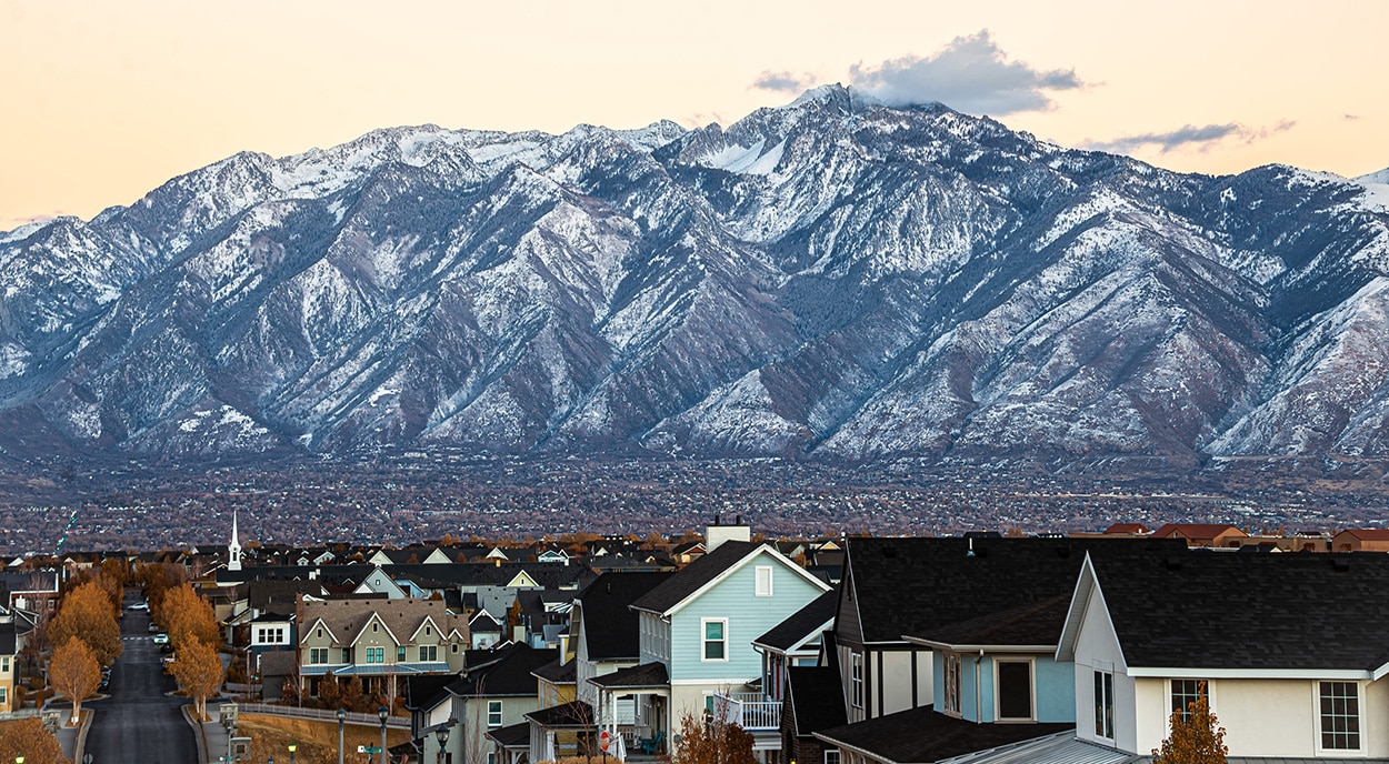 Salt Lake City and snow covered Wasatch Mountains